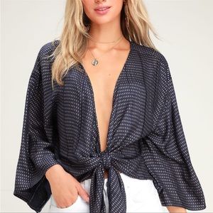Lulu's Tie Front Navy Blue Gold Wide Sleeve 100% Rayon Shirt Top Blouse K4